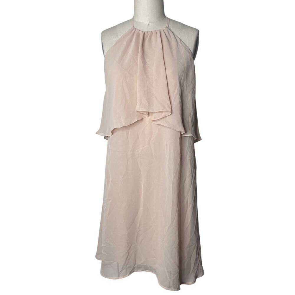 Nouvelle Amsale Cait Halter Layered Knee Length Chiffon Dress Fawn Medium